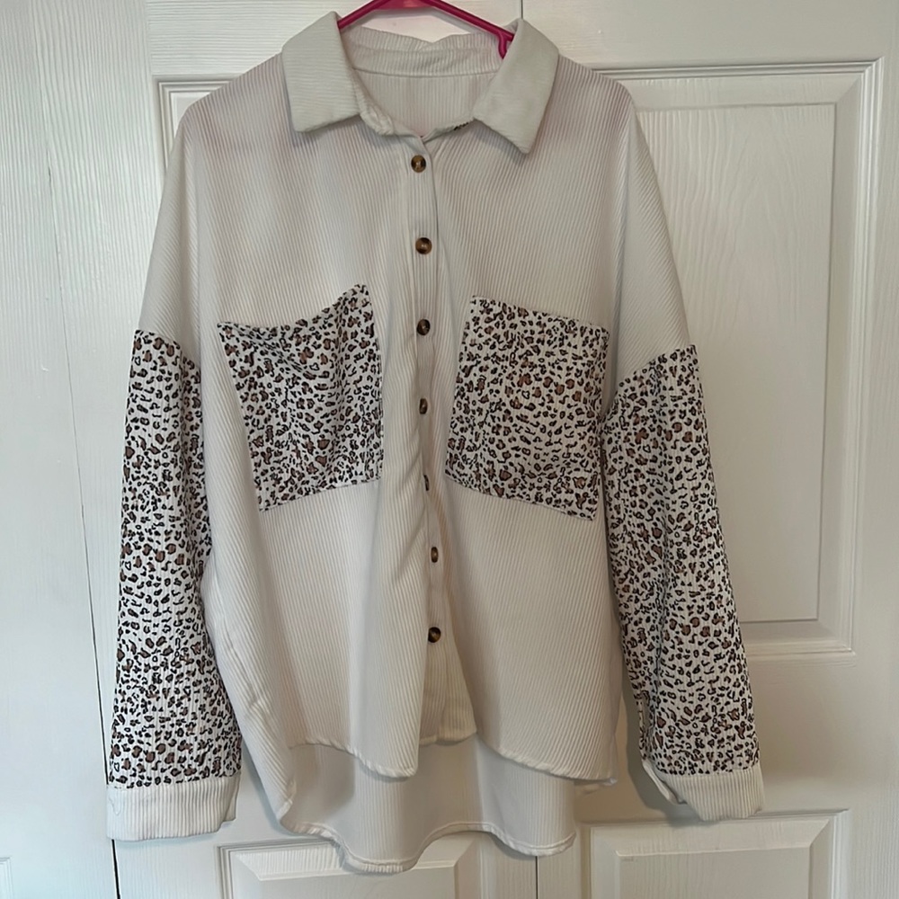 SHEIN Leopard patch pocket button front corduroy shacket